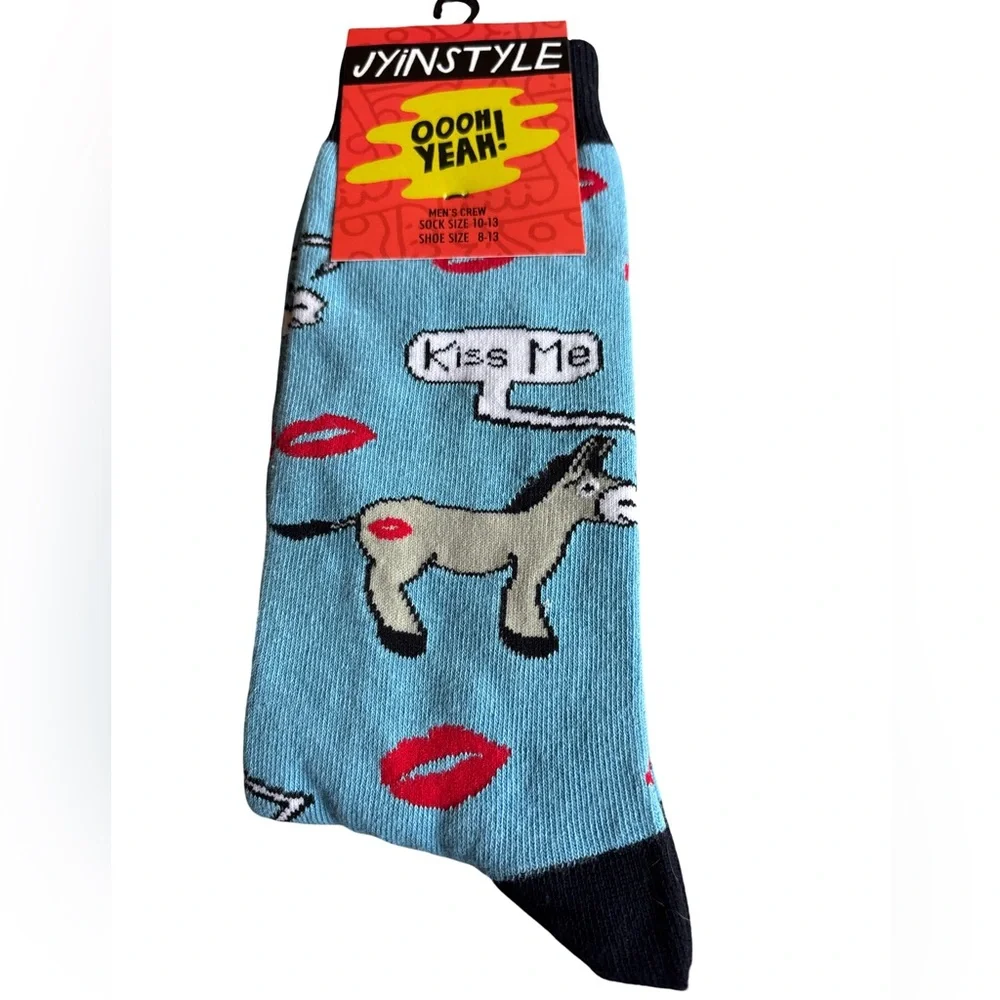 Men's Fun Blue Crew Socks with Donkey Design, Size 8-13 (3 for $12 item)